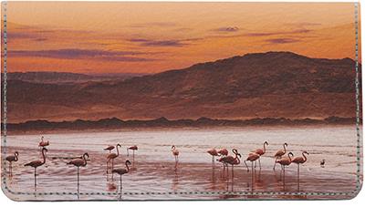 Sunset Flamingos Leather Checkbook Cover