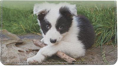 Border Collie Puppies Leather Checkbook Cover