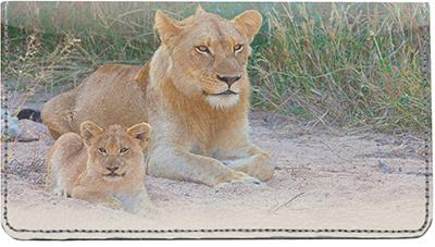 Mother Lion and Cubs Leather Checkbook Cover